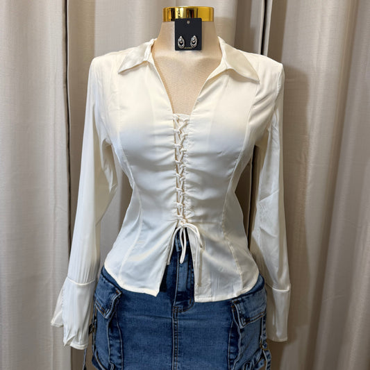 Collared Neckline Lace-Up front Closure-Ivory