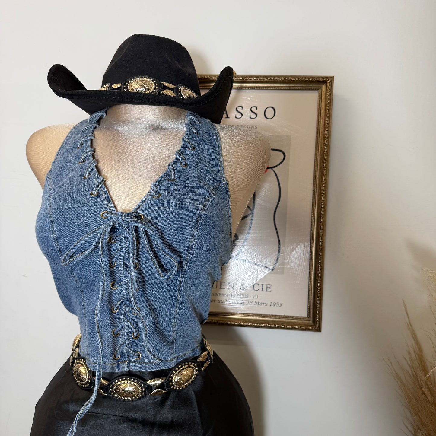 Halter Denim Lace Up Vest-Denim