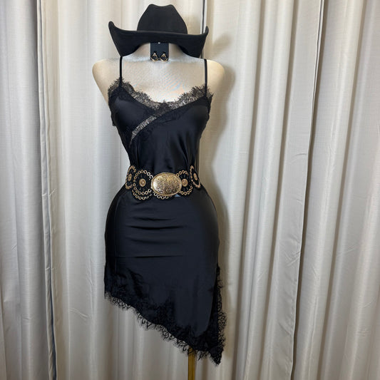 Satin Asymmetrical Lace detail Dress-black