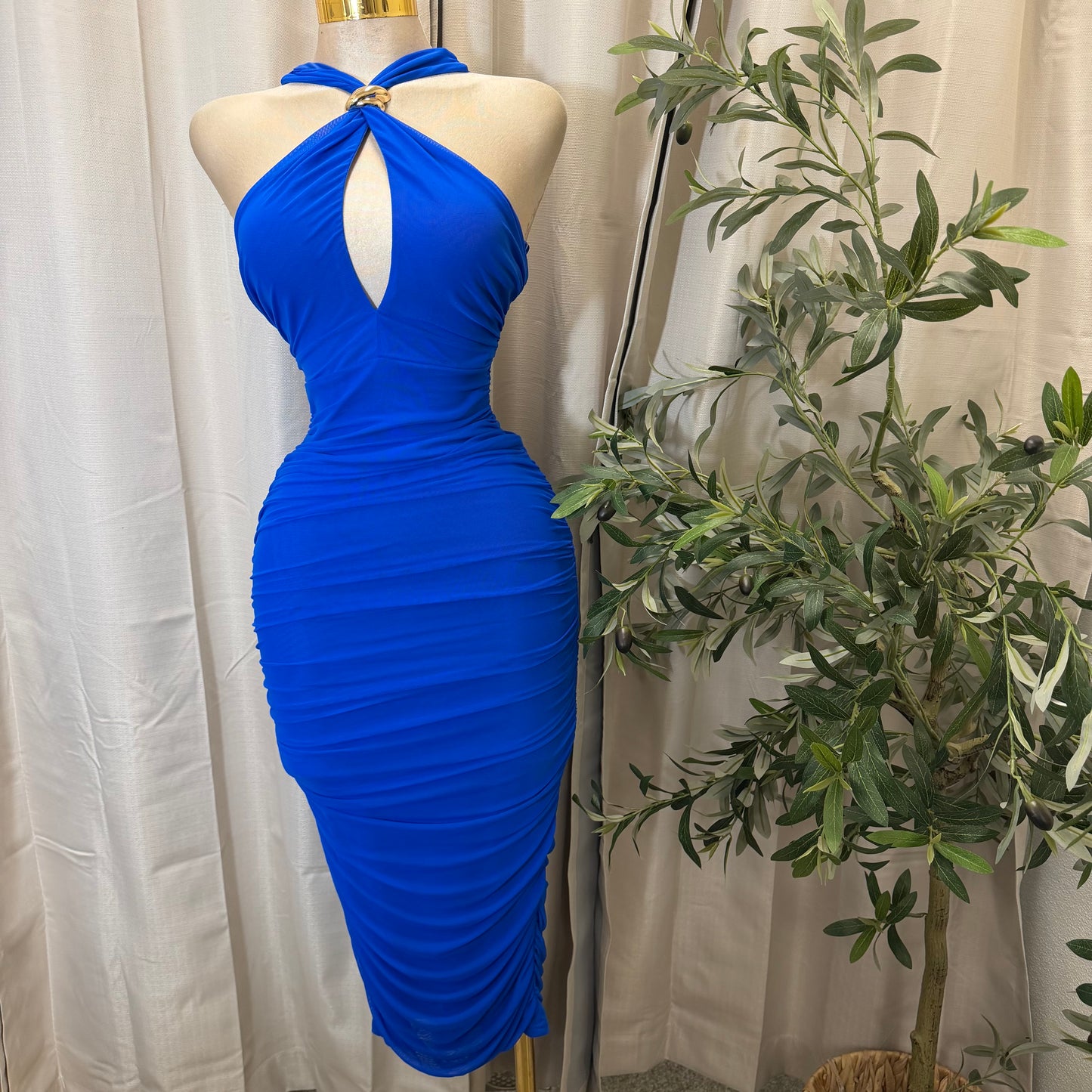 Halter Neck Trim Inset Ruched Bodycon Midi Dress-Royal Blue