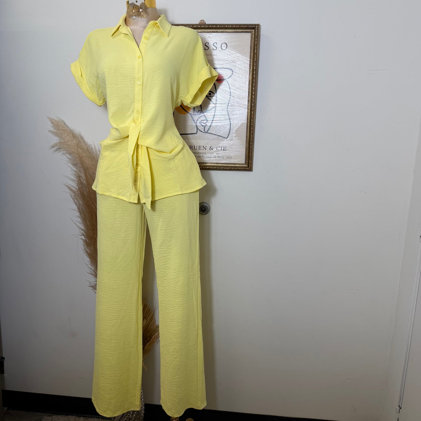 Front Knot Tie Button Down Top and Pants Set-Lt Yellow