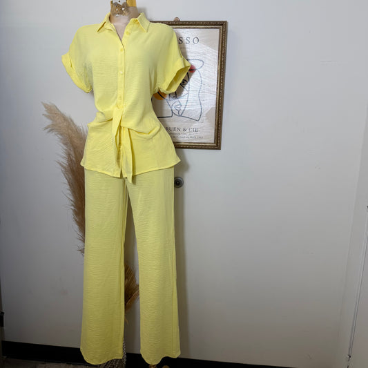 Front Knot Tie Button Down Top and Pants Set-Lt Yellow