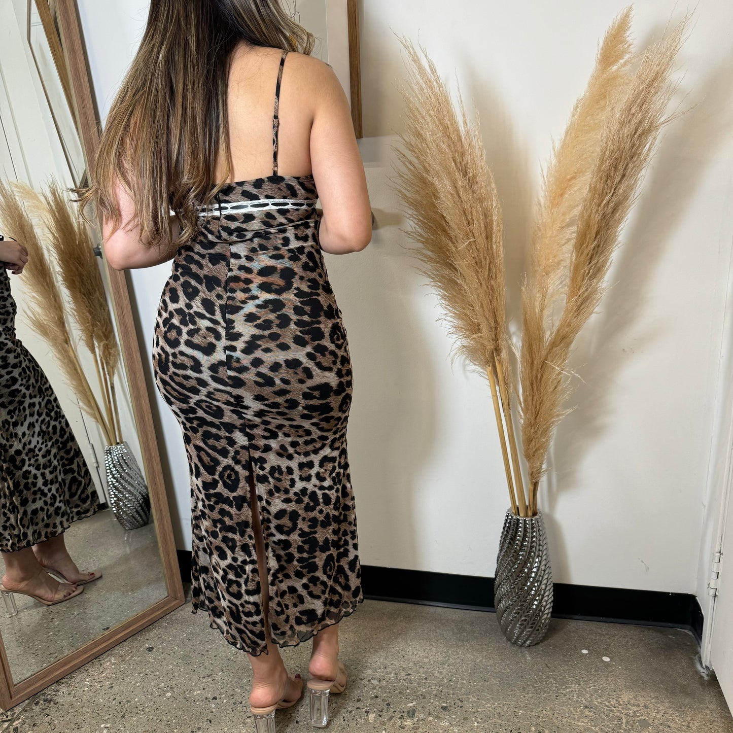 Animal Print Maxi Dress With Lace Trim-brown