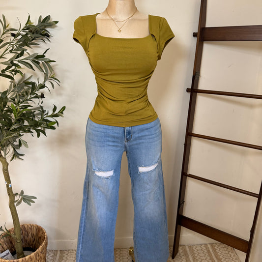 Square Neck Ruched Detail Short Sleeve Knit Top-Kiwi Olive