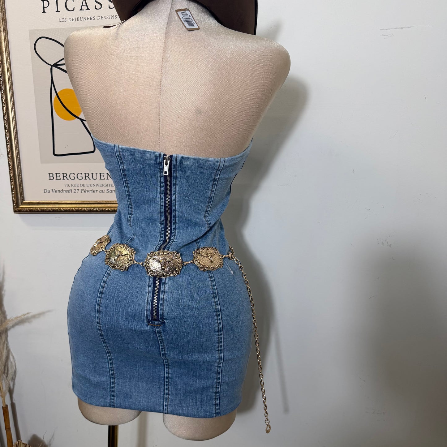 Denim Strapless mini Dress-LT Blue