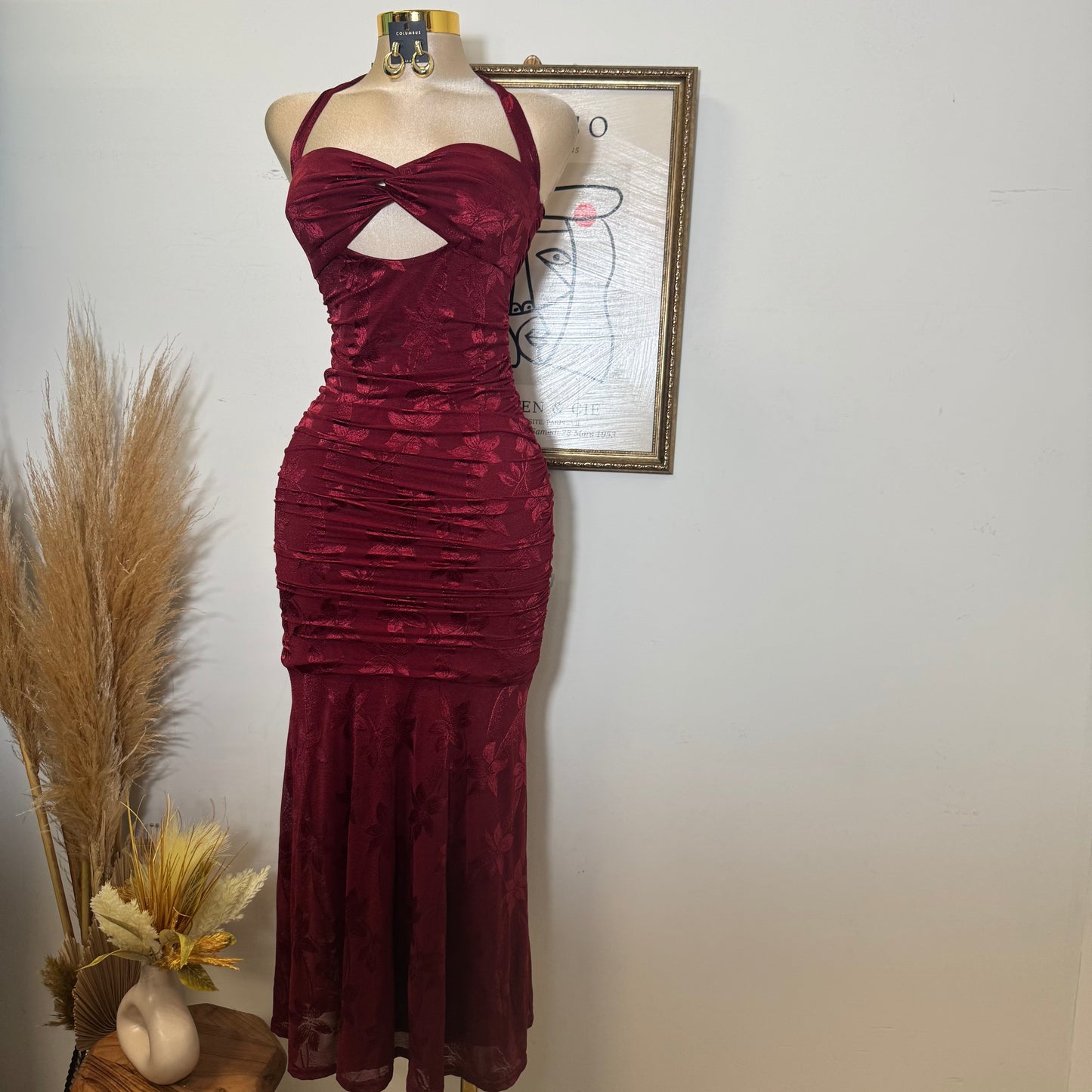 Trim accent Midi Dress-Wine