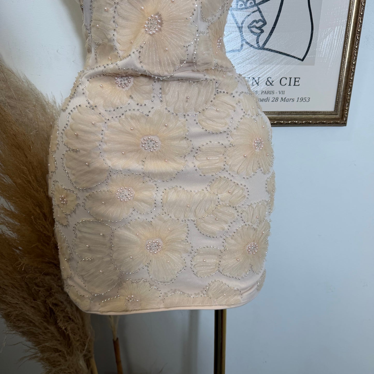 Flower Textured Mesh Tube Mini Dress-Blush