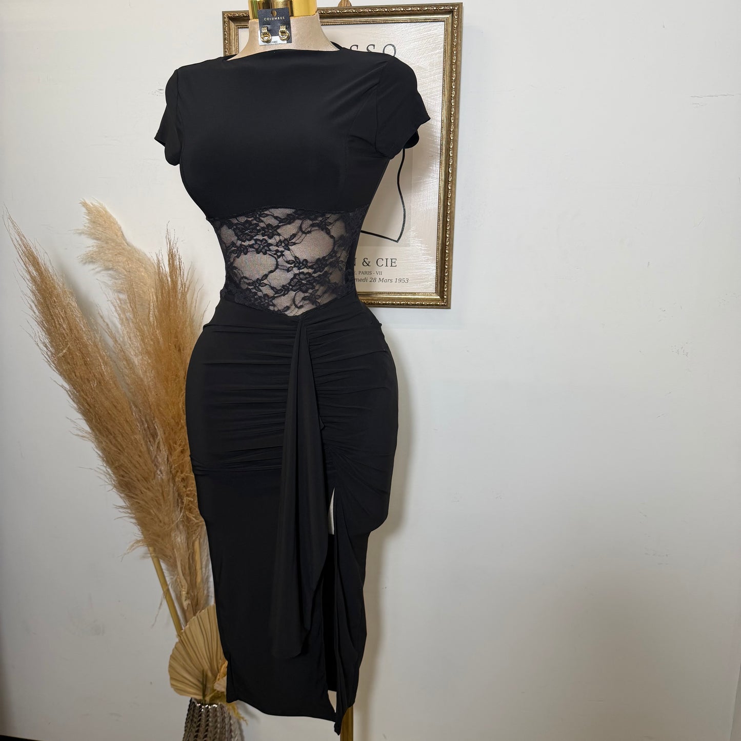 Lace Waist Contrast Midi Dress-Black