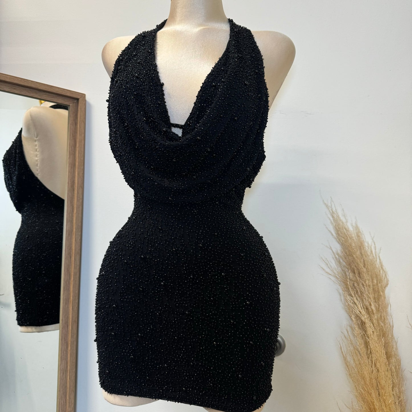 Cowl beaded Halter Dress-Black