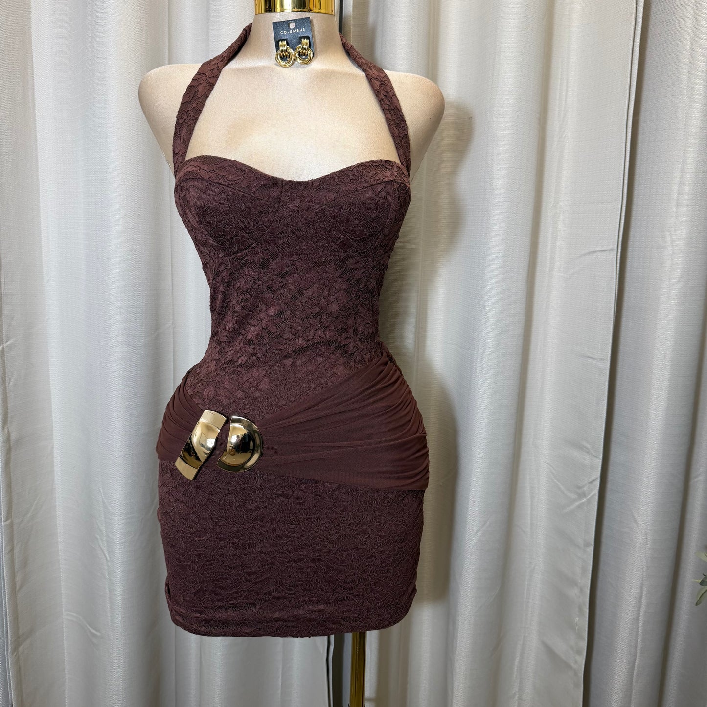 Halter Lace Gold Detail Mini Dress-Brown