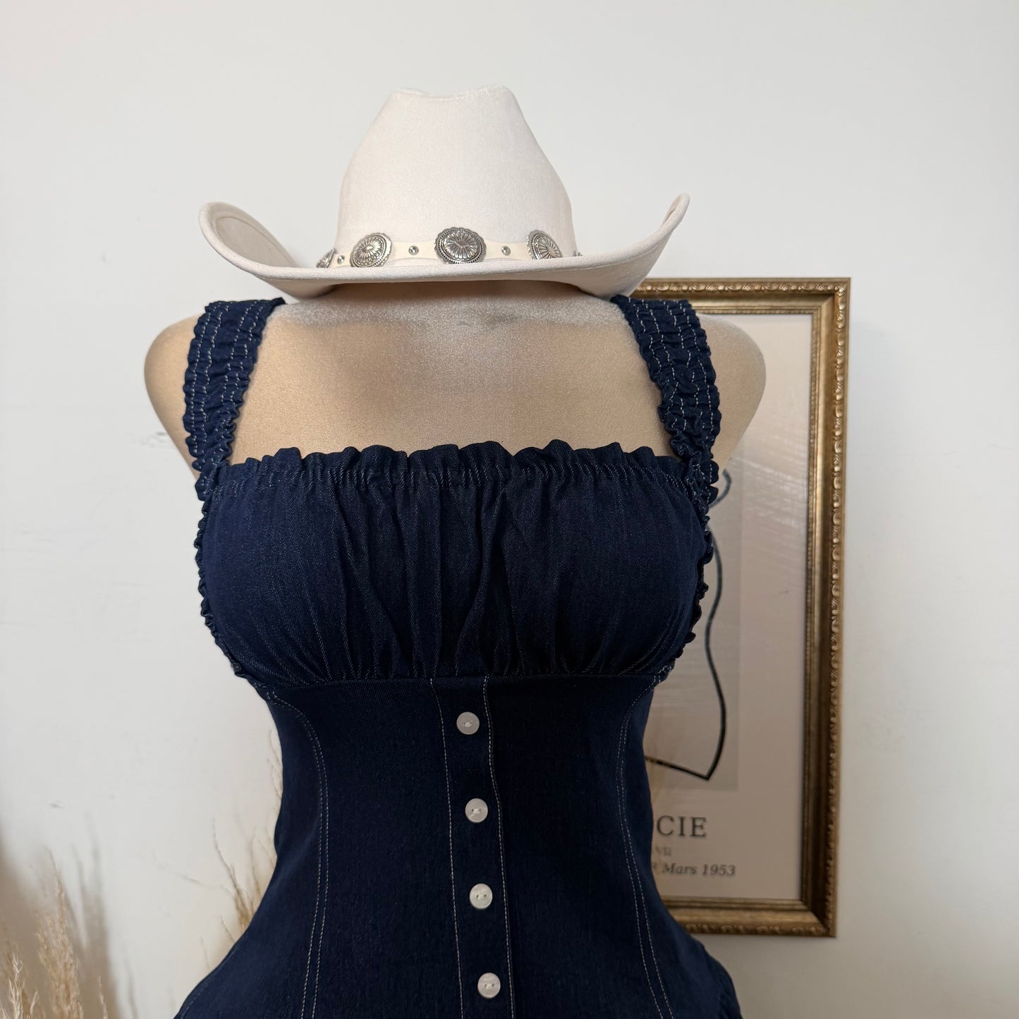 Ruched Bodice Denim Mini Dress-Dk Denim