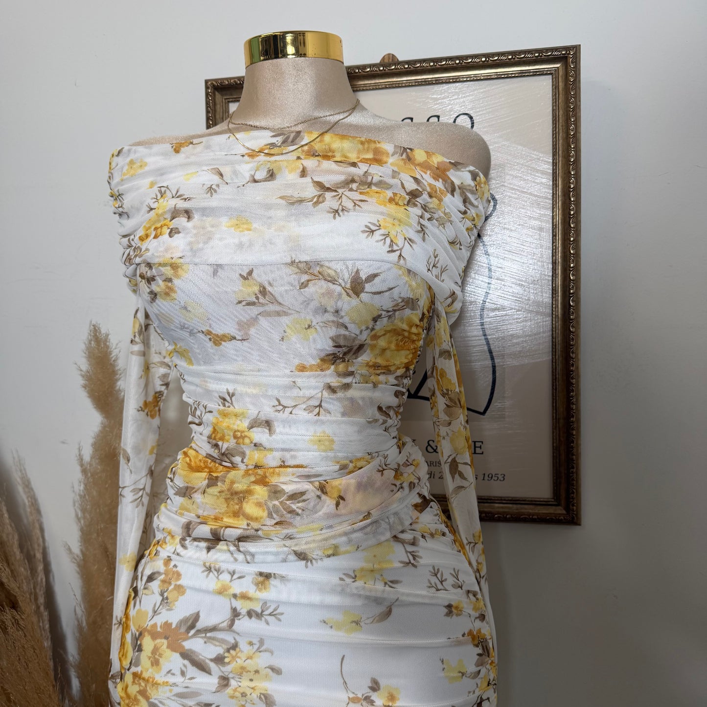 Off shoulder printed Mesh Top and ruched Maxi Skirt Set-Yellow Print