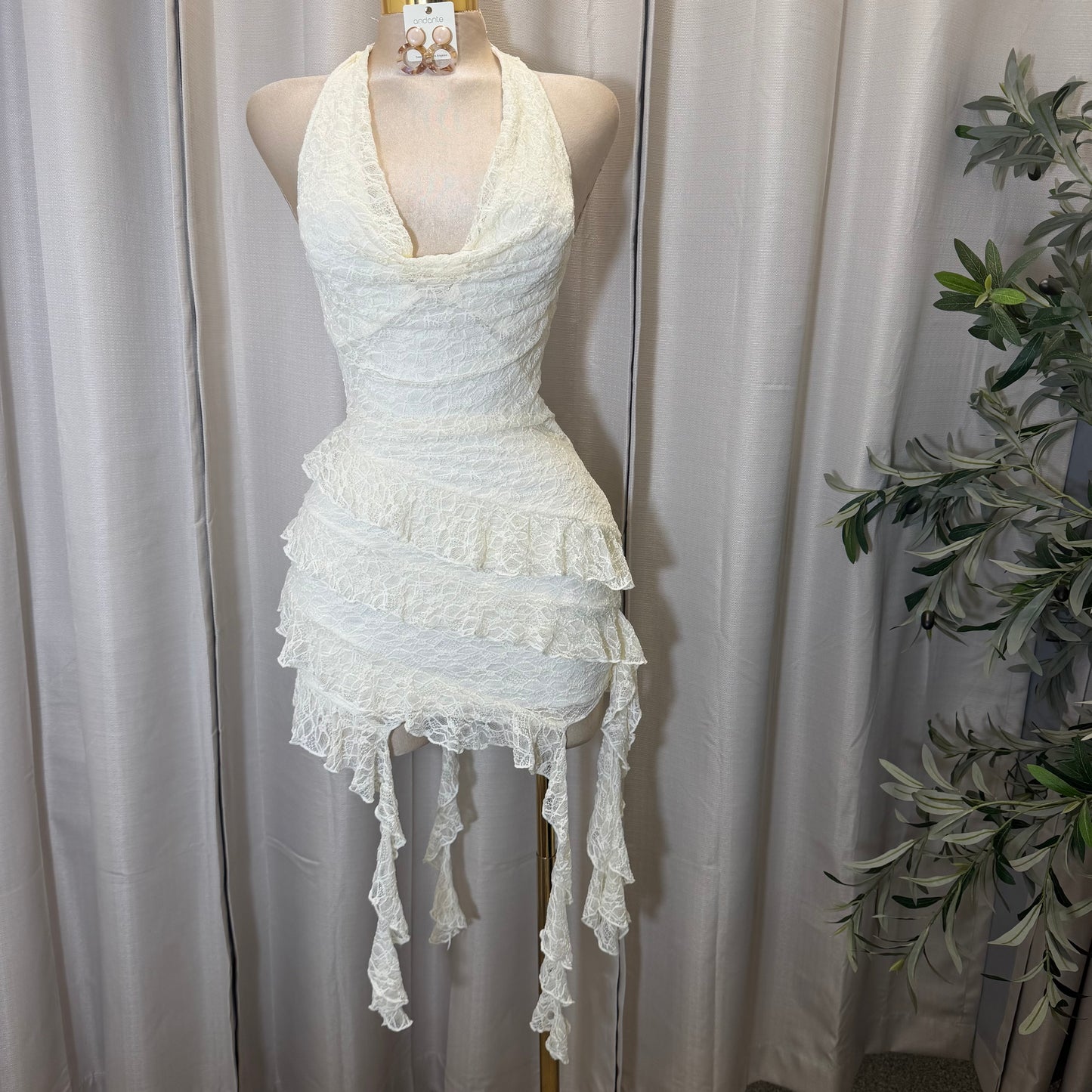 Halter lace mini dress with layered skirt-Ivory