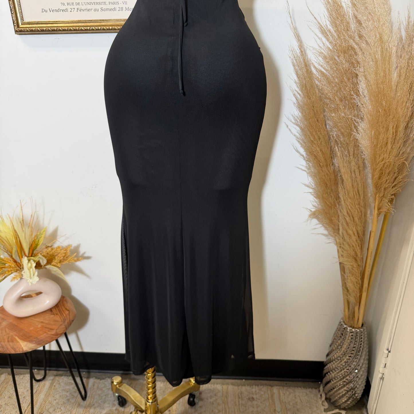 Solid Mesh Back Criss Cross Maxi Dress-Black