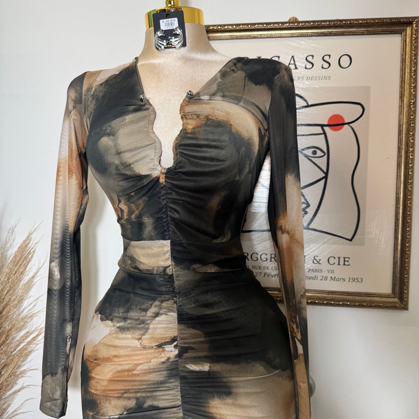 Multi Colored Mesh With trim Midi Dress-Olive