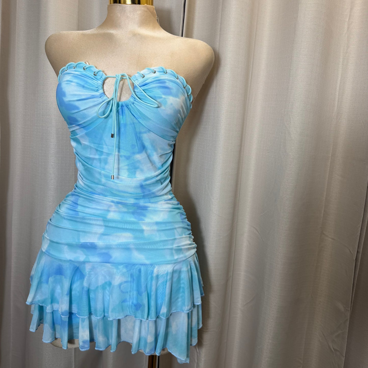 Tube printed Mesh Mini Dress-Blue