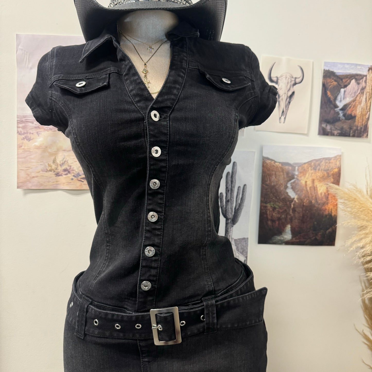 Denim Belt Mini Dress-Black