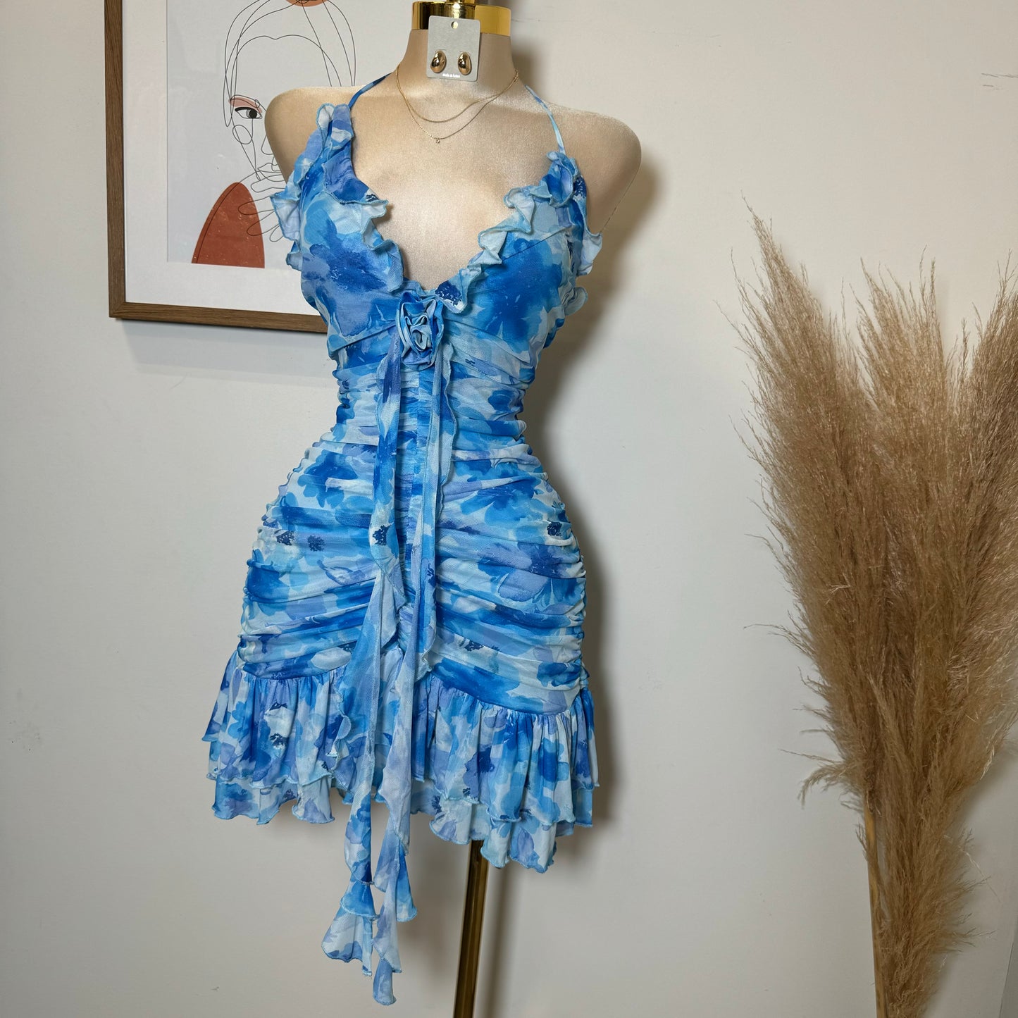 Flower Print Mesh Mini Dress-Blue