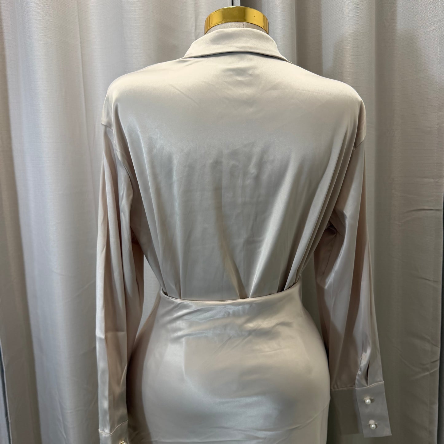 Satin Long Sleeve Top with Lace Skirt-Beige/Cream/White