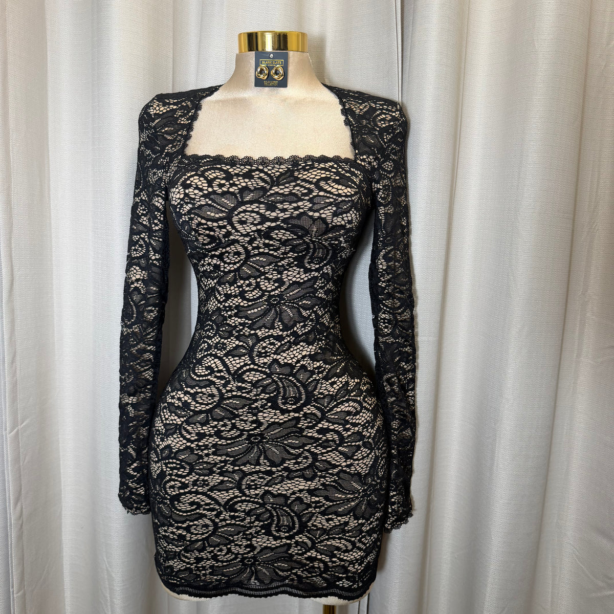 Square Neck Long Sleeve Lace Mini Dress-Black/Nude