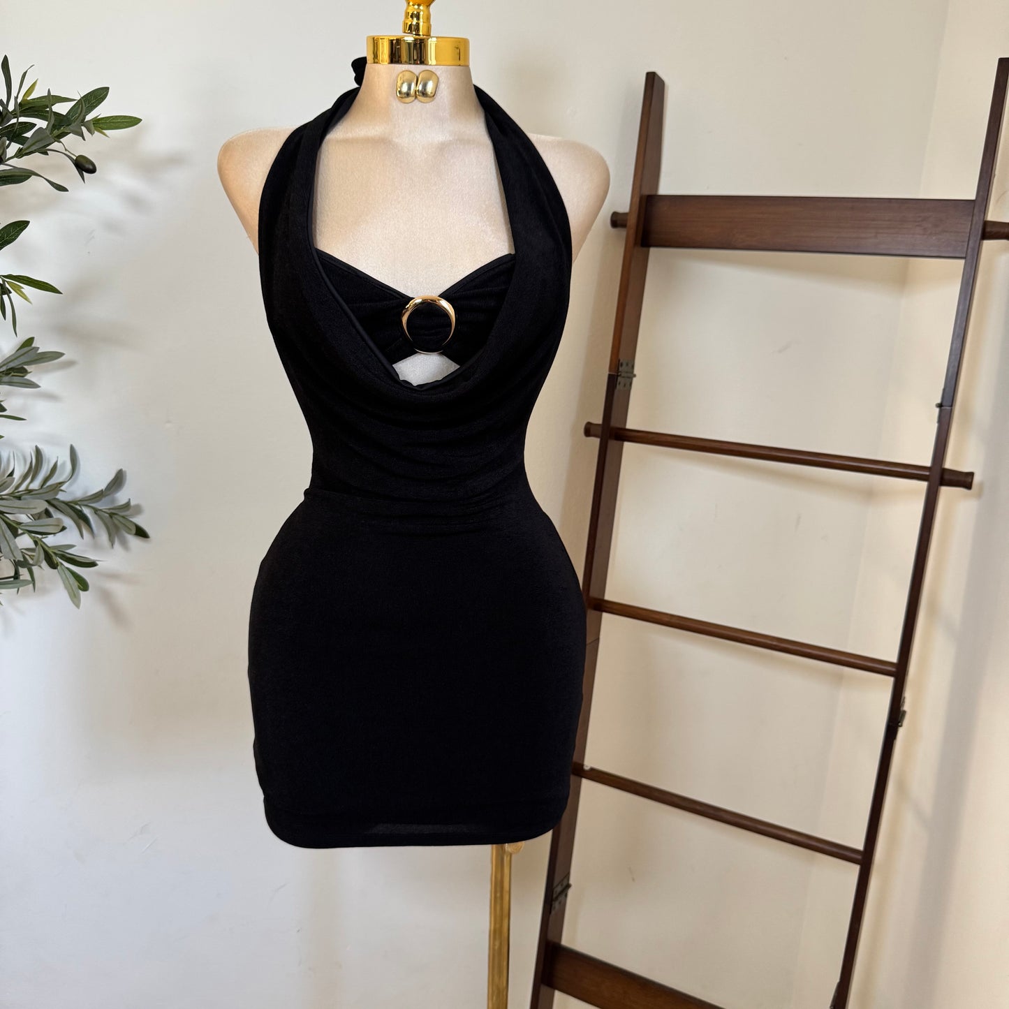 Cowl Halter Dress  -Black