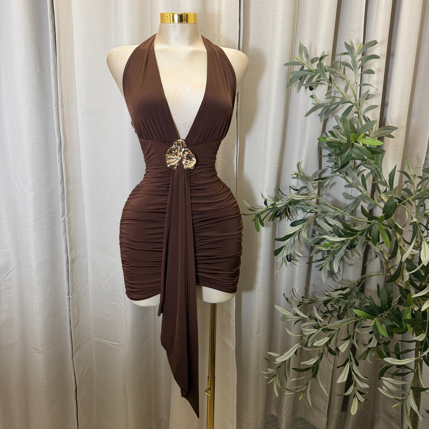 Orchid Halter Ruched front panel Mini Dress-Brown