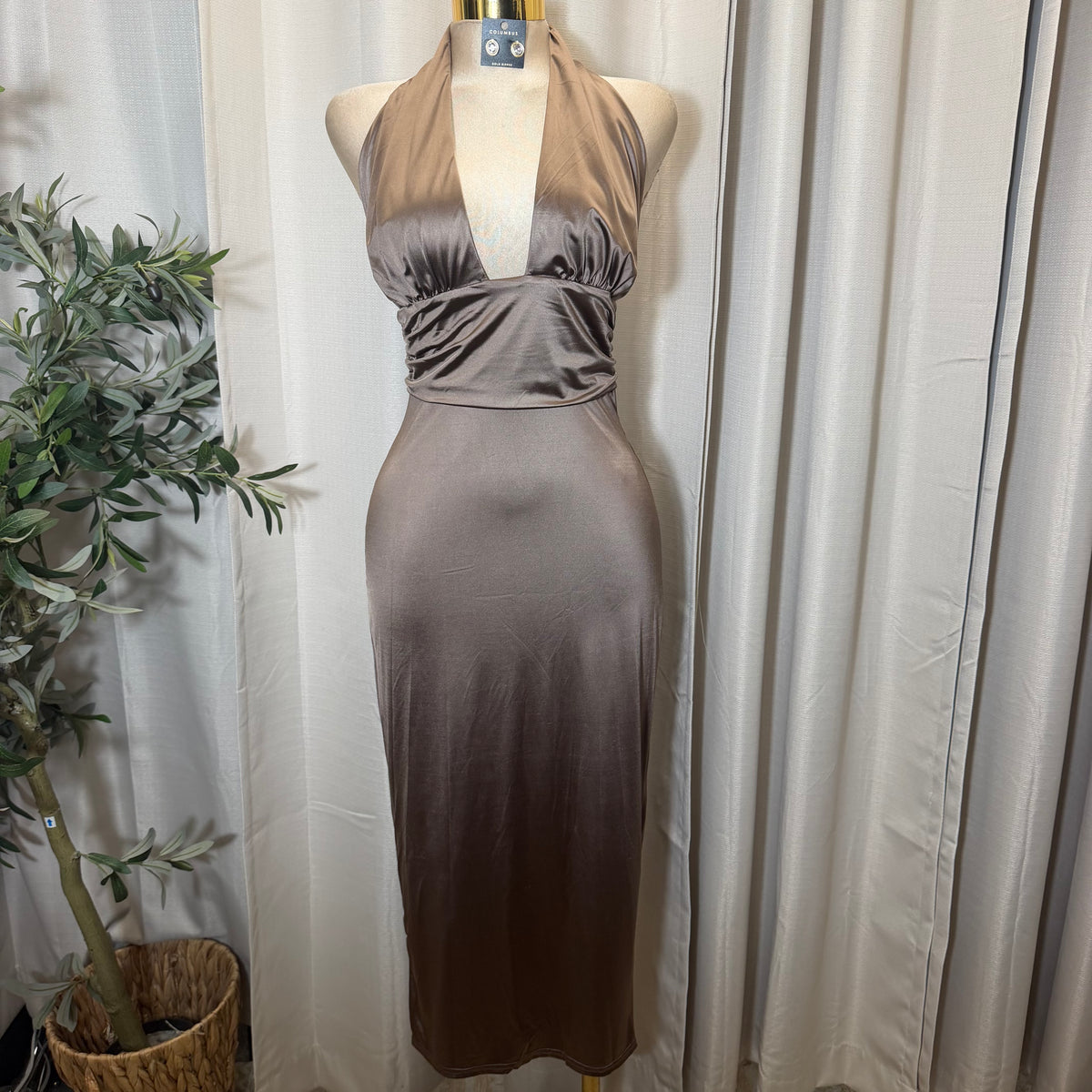 STRETCH SATIN KNIT OPEN BACK MIDI DRESS-Cocoa/Beige