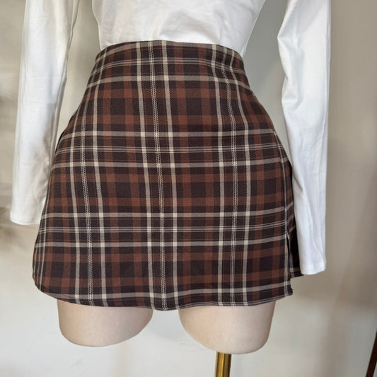 Split Front Plaid Mini Skort -Brown