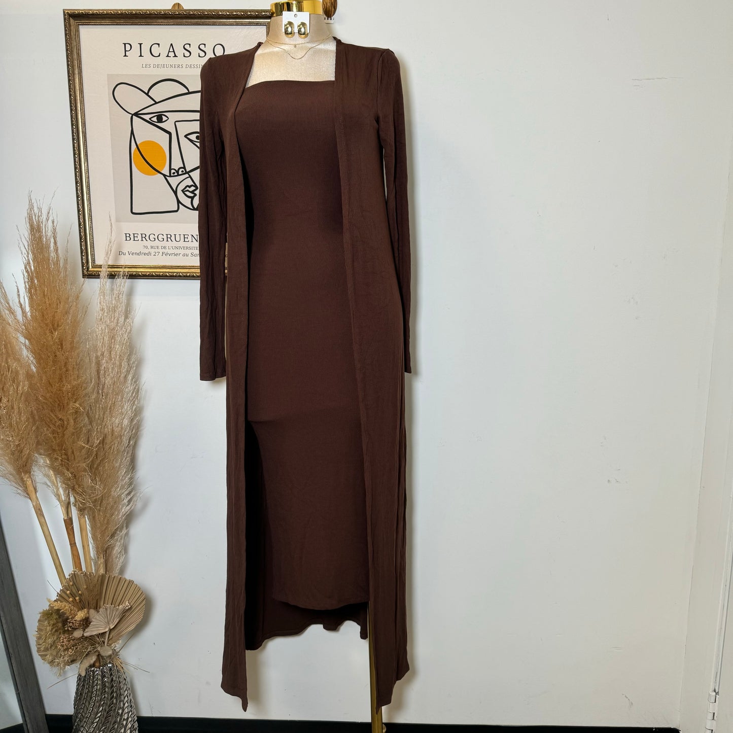 Strapless Ribbes Dress with Cardigan-Brown