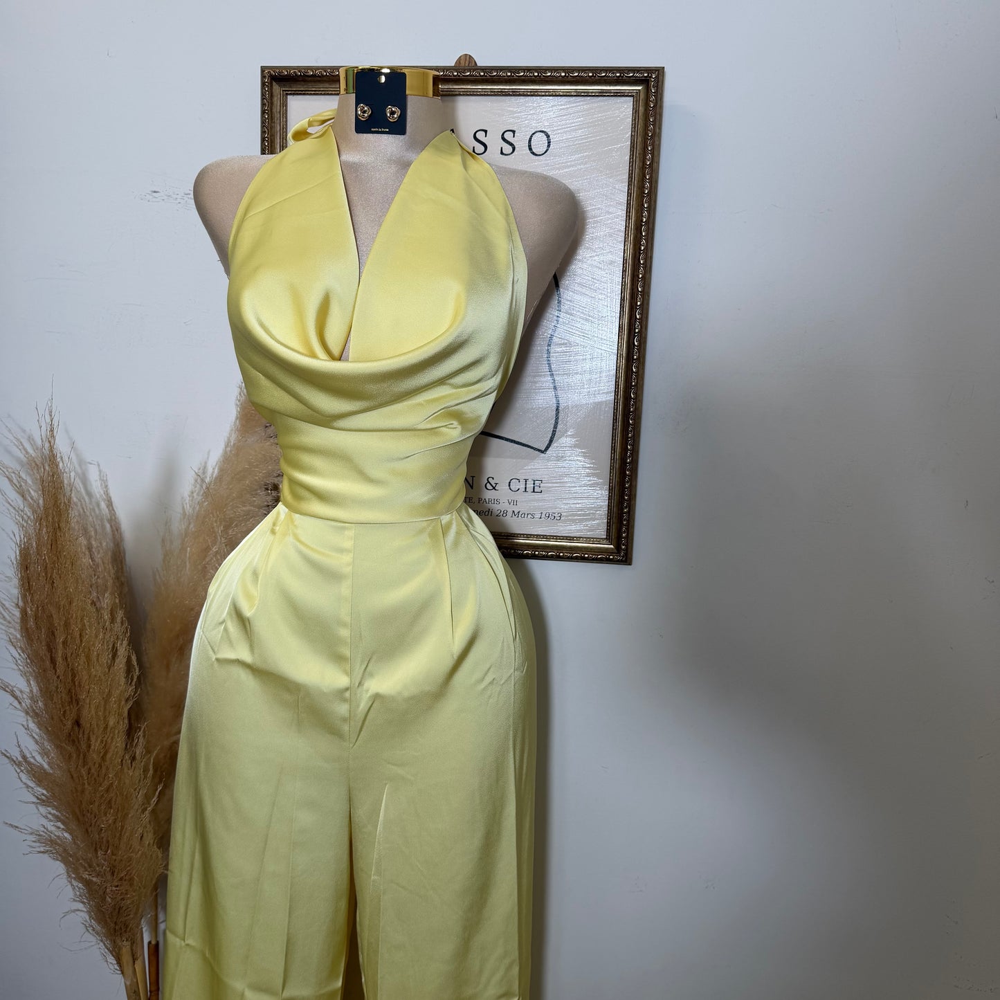 Cowl Halter Neck Wide Leg Jumpsuit-Baby Yellow