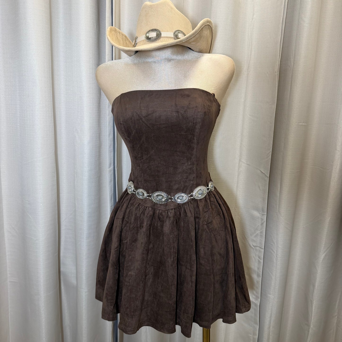 Suede Strapless Tube Mini Dress-Brown