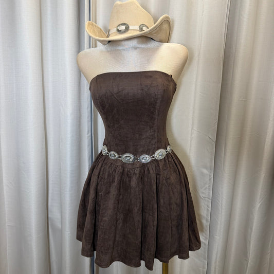 Suede Strapless Tube Mini Dress-Brown