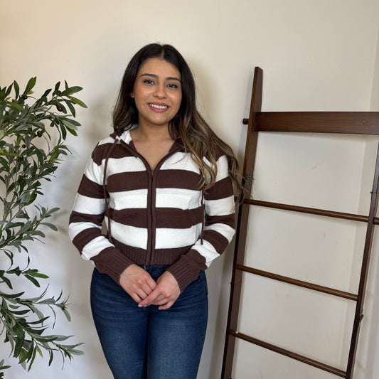 Stripe Hoodie Sweater w/Zip -Brown/Cream