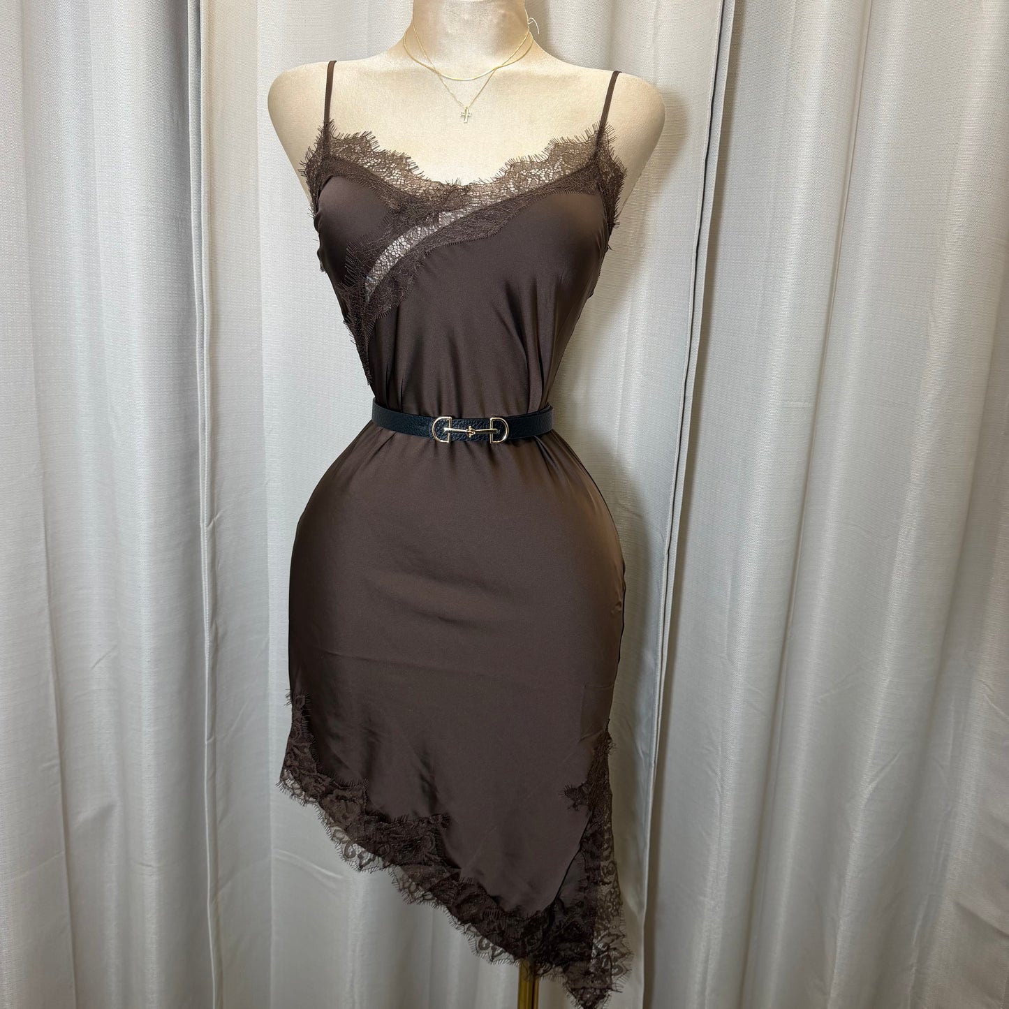 Satin Asymmetrical Lace detail Dress-brown