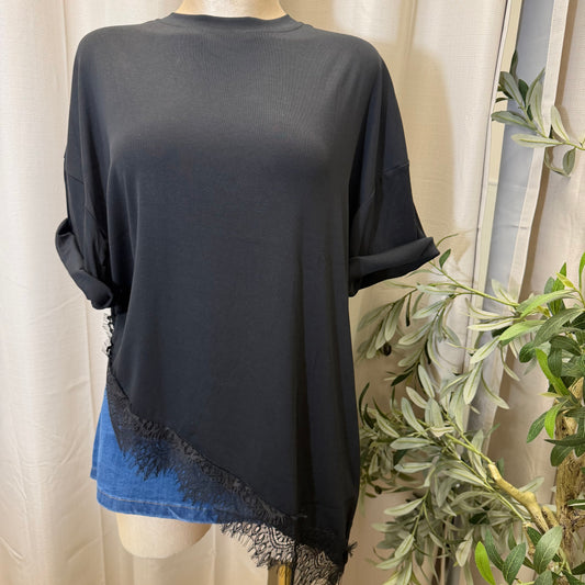 Short sleeve Lace Detail Oversize  Top-Black