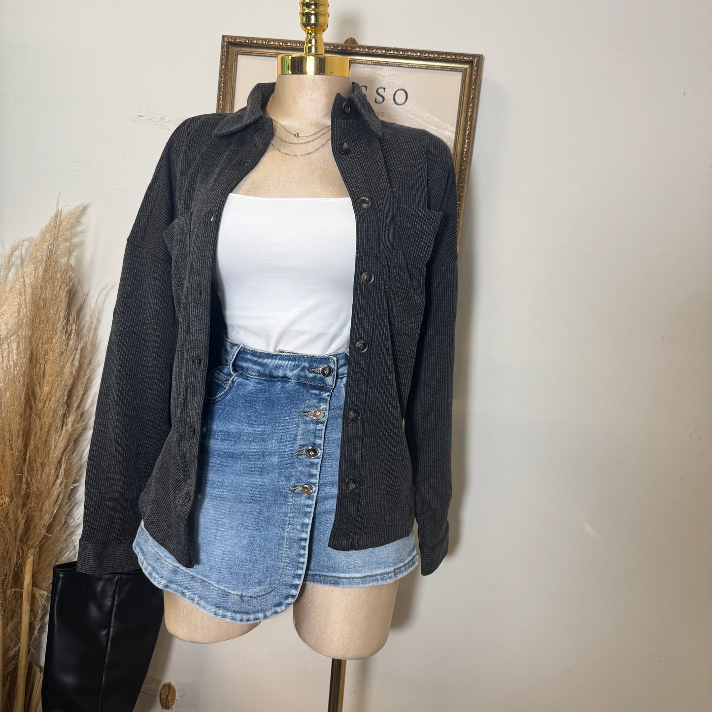 Oversized Pinstripe Collared Button Down Shacket-Charcoal