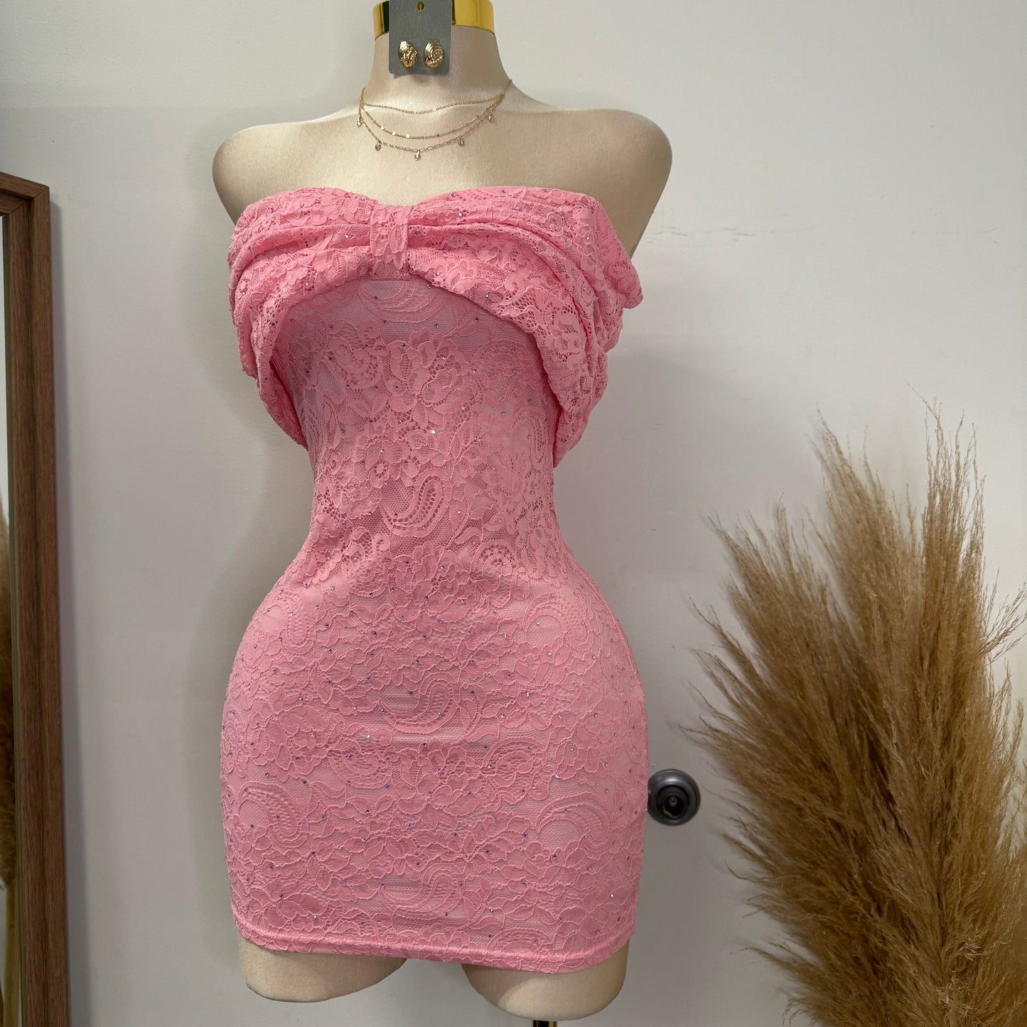 Bow Lace Rhinestone Dress-Pink