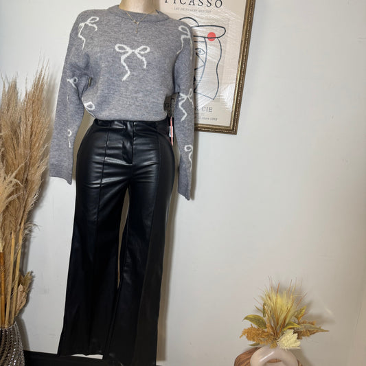 Bow Round Neck Sweater Top-Heather Grey