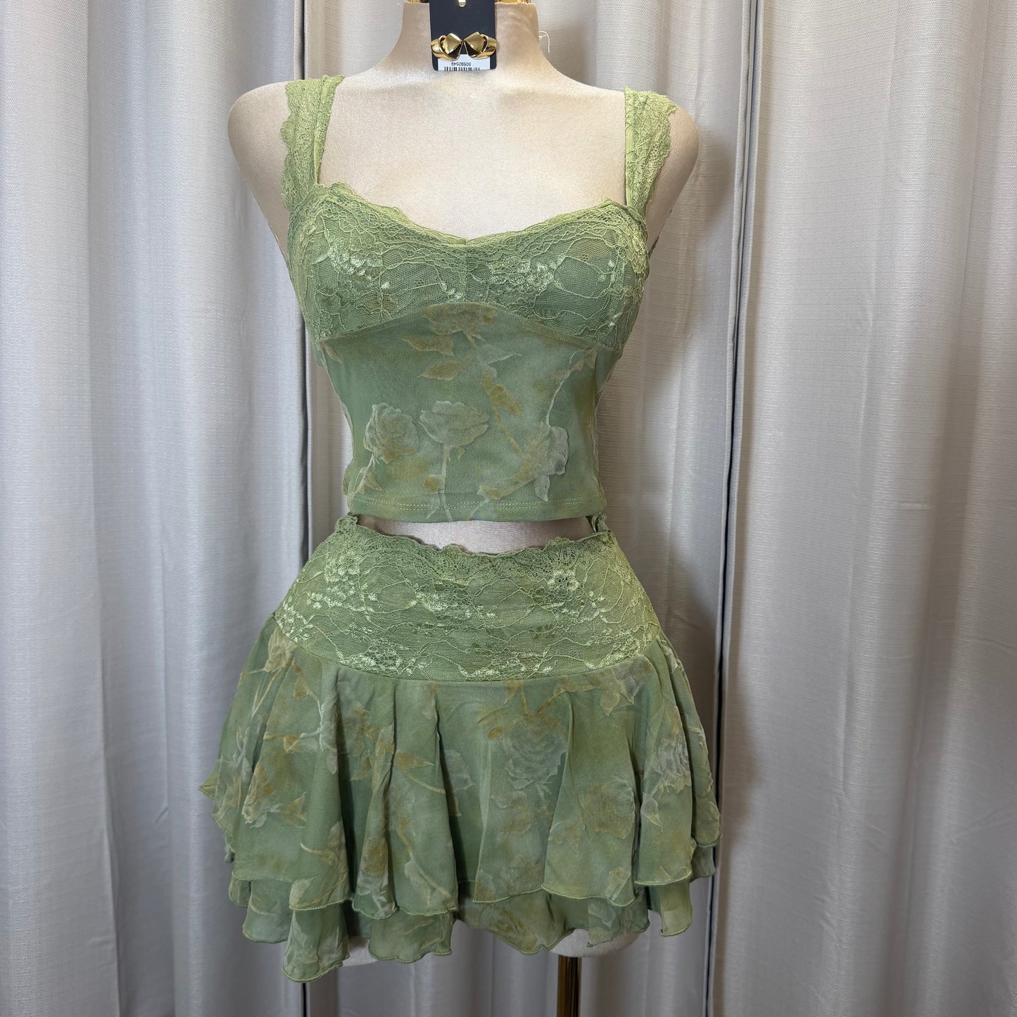 Lace Flower Skirt set-Green moss