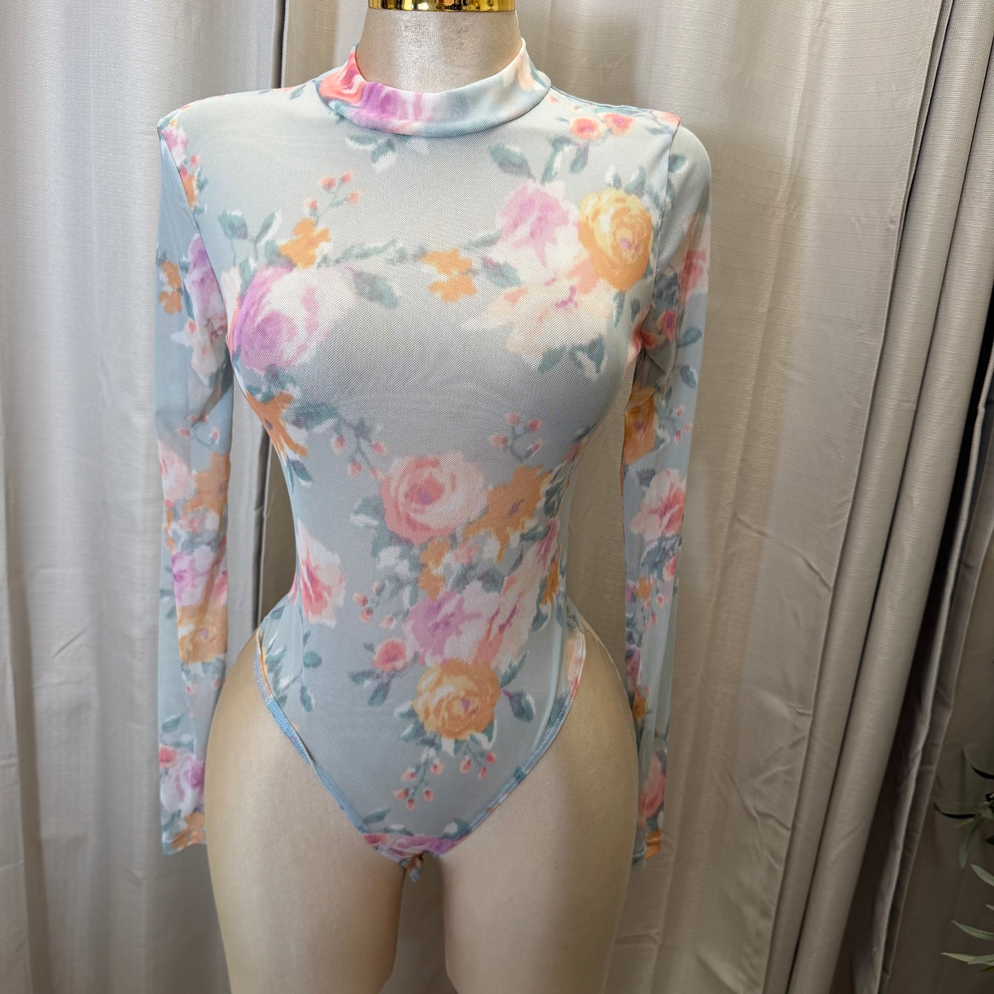 Flower Round Neck Long Sleeve Mesh Top-Green