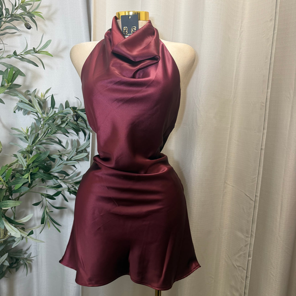 Halter Satin Mini Dress-Burgundy