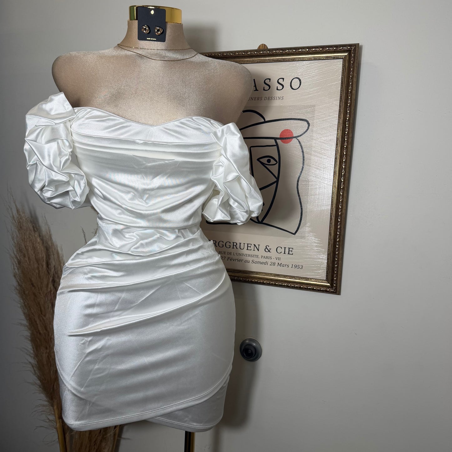 Satin Off Shoulder Dress-White