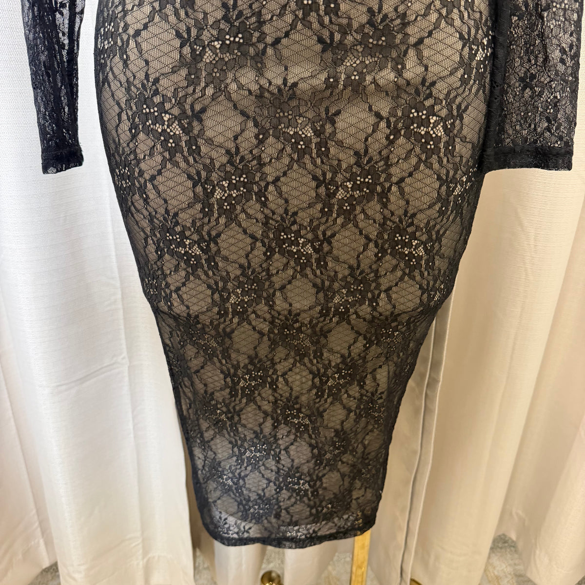 Lace  Long sleeve Sleeve Corset  Midi Dress-Black