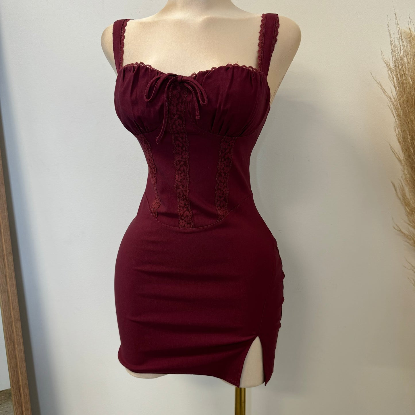 Hera Lace Trim Mini Dress-Burgundy