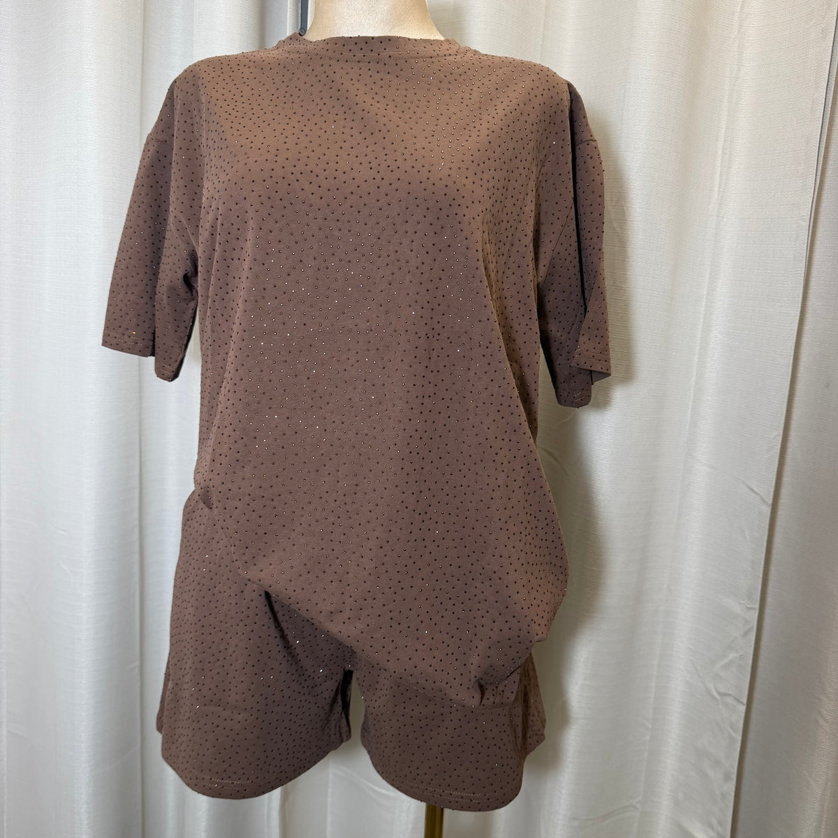 Rhinestone-embellished cotton Casual Tee and Short Tee-Chocolate