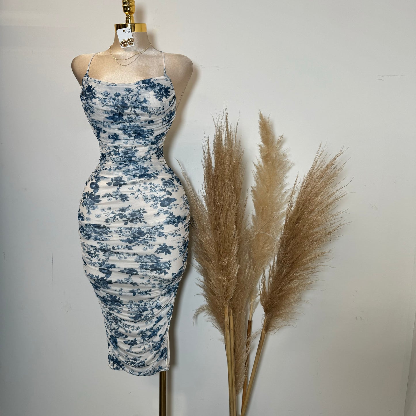 Floral Pleated Neckline Ruched Mini Dress-Blue/White