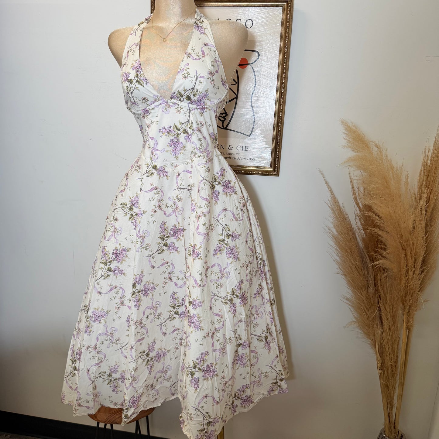 Ribbon Print Fabric Halter Corset Midi Dress-Lavender