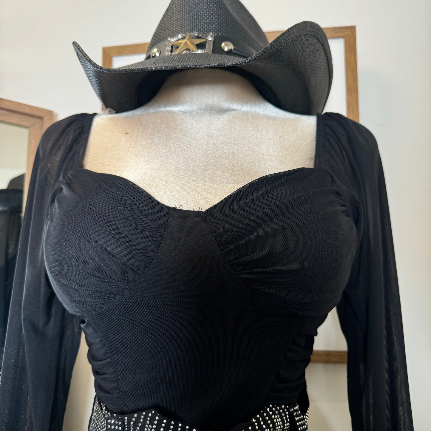 Mesh Long Sleeve Crop Top-Black