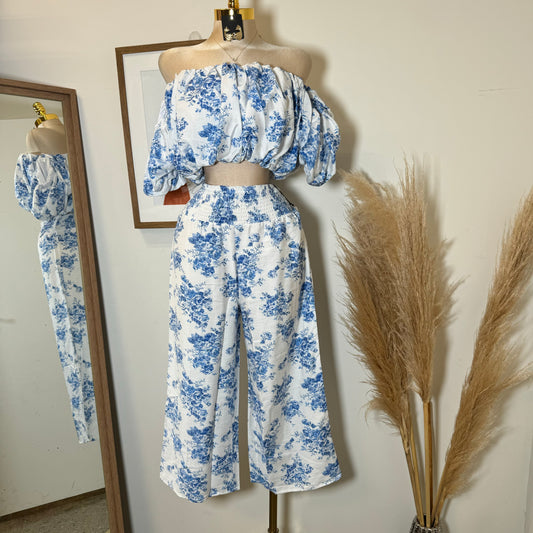 Off Shoulder Floral Top and Pant-Blue/White