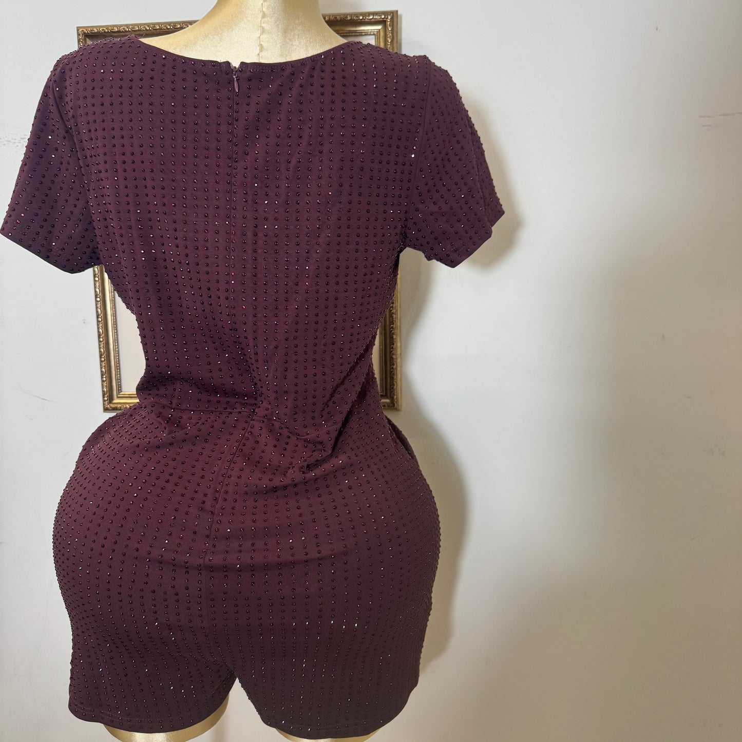 PL Shorts Sleeve Rhinestone Romper-Burgundy